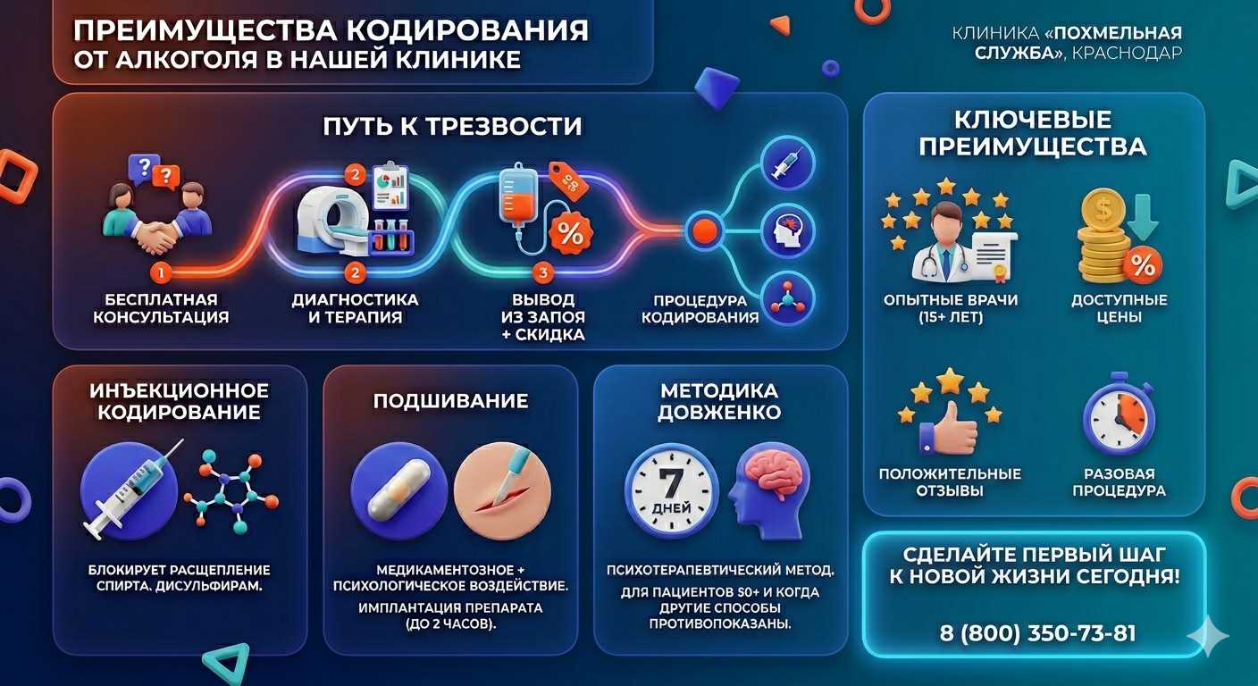 Инфографика о методах кодирования от алкоголя в Архипо-Осиповке: инъекции, подшивание, метод Довженко. Преимущества клиники и этапы лечения.
