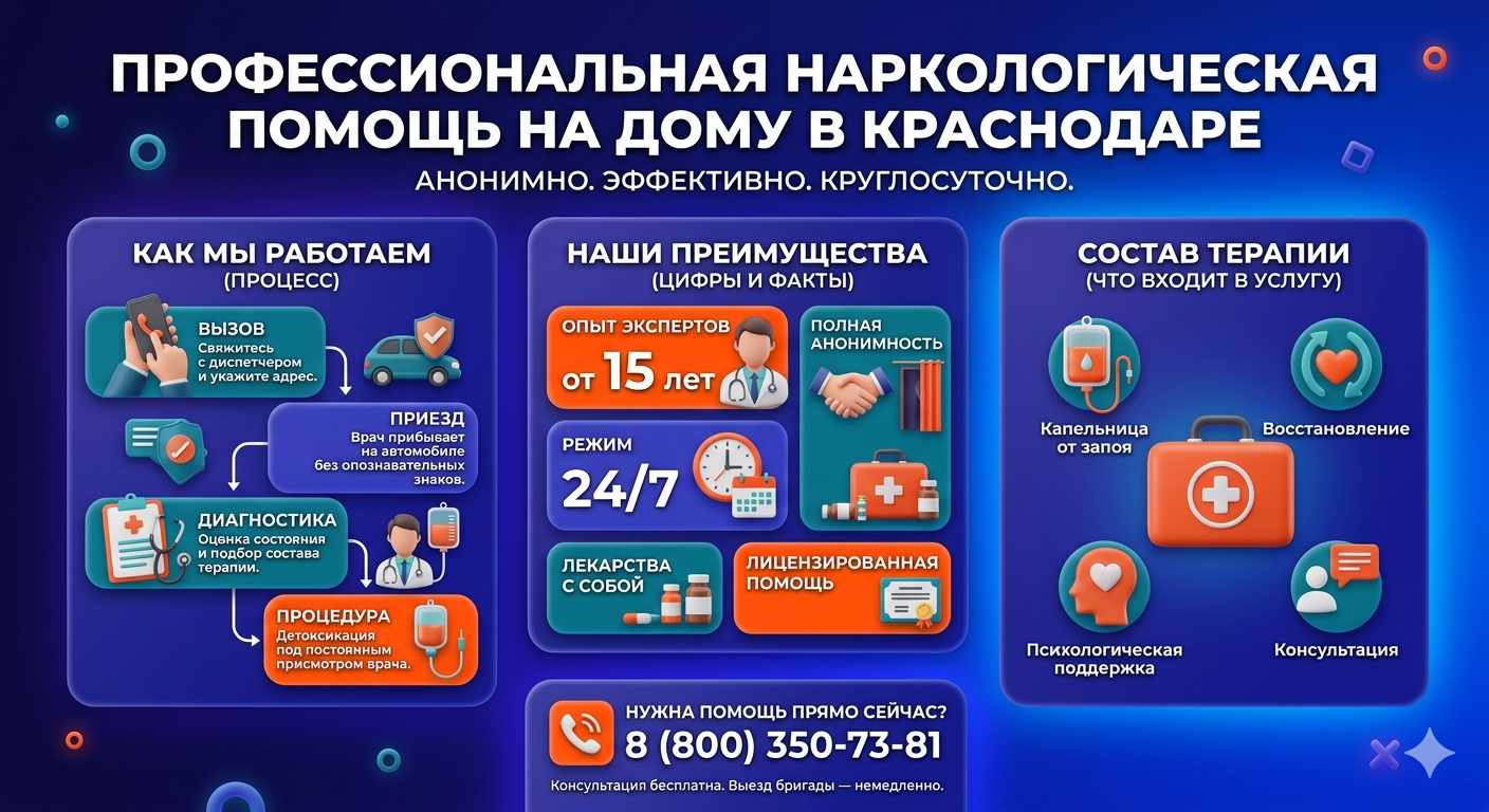 Инфографика о принципах лечения алкоголизма на дому в Архипо-Осиповке: этапы вызова нарколога, преимущества анонимной детоксикации и состав медицинской помощи.